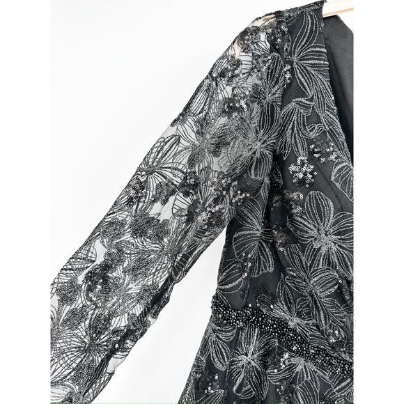 Mac Duggal 67541 Black Long Sleeve Illusion Sequin Embroidered Midi Dress 14W - Picture 5 of 6